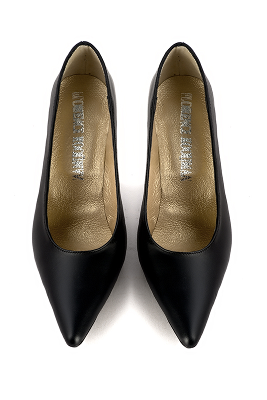 Satin black women's dress pumps, with a round neckline. Pointed toe. High slim heel. Top view - Florence KOOIJMAN